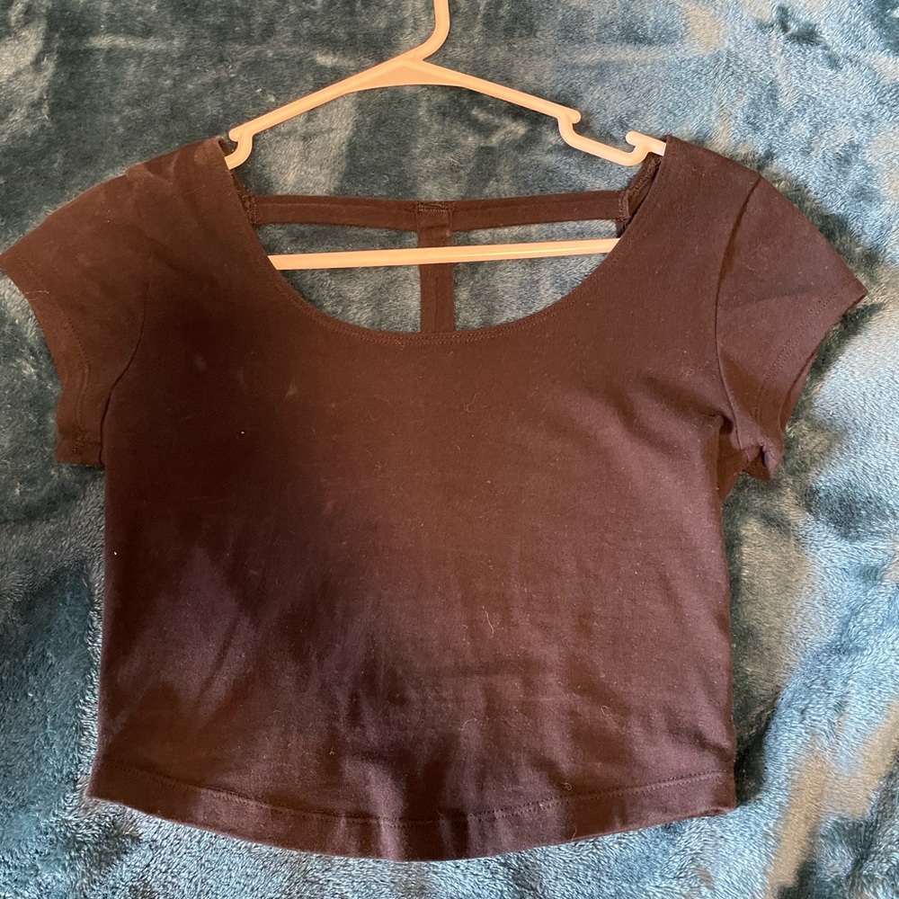 Charlotte Russe black crop top, criss cross back detail